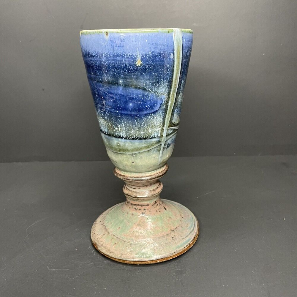 Vtg Hand Thrown Stoneware‎ STUDIO ART POTTERY  7" Wine Glass Goblet Blue Glazed - Picture 5 of 8